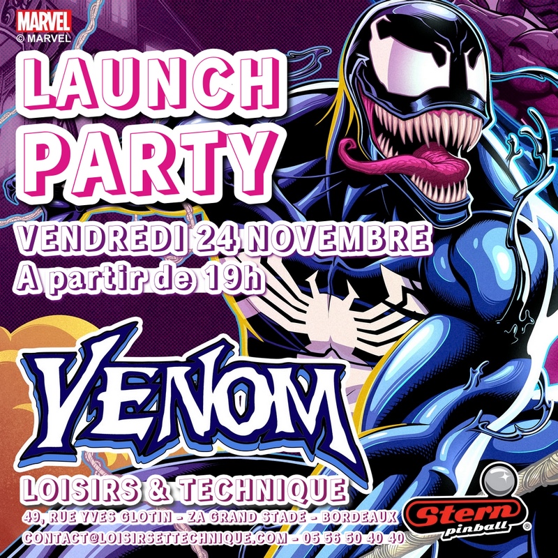 Affiche de la Launch Party du flipper Venom chez Loisirs & Technique